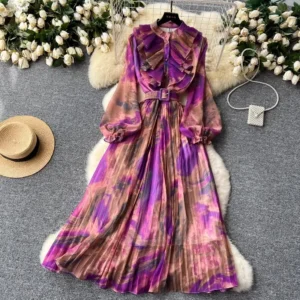 Retro Elegant Autumn Edible Tree Fungus Patchwork Long Sleeves Print Chiffon Dress A-line French Vintage Vacation Women Dresses
