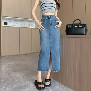 High Waist A- Line Mini Skirt for plus Size Women Slimming Denim Split Skirts Cotton Knitted Fabric Pear Shaped Body Fit - Image 2