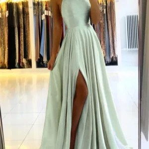 Elegant Women Maxi Beach Satin Dress Sexy Leg Slit Lace up Evening Prom Gown Adjustable Straps Bridesmaid Dresses