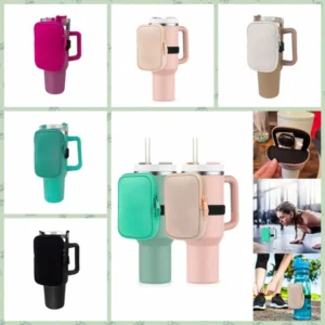 Multipurpose Neoprene Water Bottle Pouch with Adjustable Strap Solid Color Bottle Bag Coin Purse for Stanely Tumblers Mugs Cups - Image 2