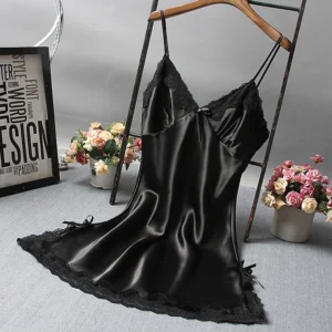 Summer Women's Sexy Satin Soft Nightdress Lace Lingerie Sleepwear Solid Color Ladies Wrap Short Dresses Nightwear - Image 4