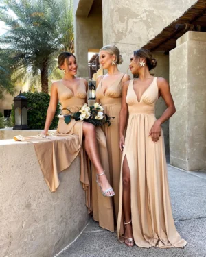 BABYONLINE Split V Neck Maxi Bridesmaid Dress Long for Women Wedding Party A Line Formal Dress Sleeveless Floor Length Evening - Image 2