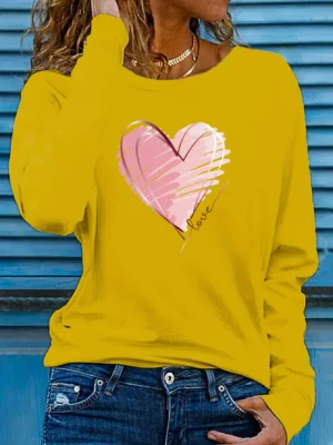 Heart Love Print Crew Neck T shirt Casual Autumn winter top women's long sleeved T-shirt loose comfortable black white - Image 4