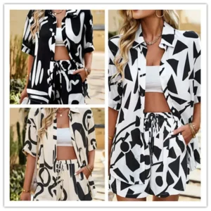 Summer Casual Women's Fashion Print Top Shorts Two-Piece Set Cross-Border Age-Defying Ensemble Elegant Lady's Outfit - Image 2