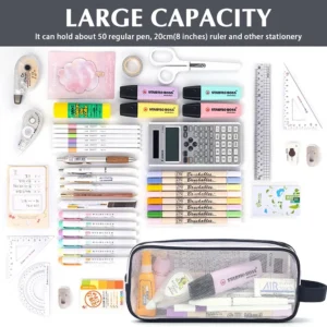 Large Grid Mesh Pencil Case 2 Compartments, Clear Pen Pencil Pouch, Multifunction Transparent Stationery Bag for Student - Image 2
