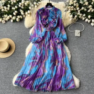 Retro Elegant Autumn Edible Tree Fungus Patchwork Long Sleeves Print Chiffon Dress A-line French Vintage Vacation Women Dresses - Image 2
