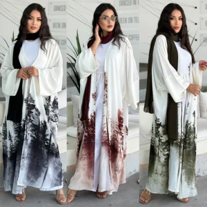 New Fashion Female Cardigan Muslim Dress Stylish Tie Dye Floral Print Abaya Jalabiya Dubai Ramadan Caftan Marocain Femme Kimono - Image 5