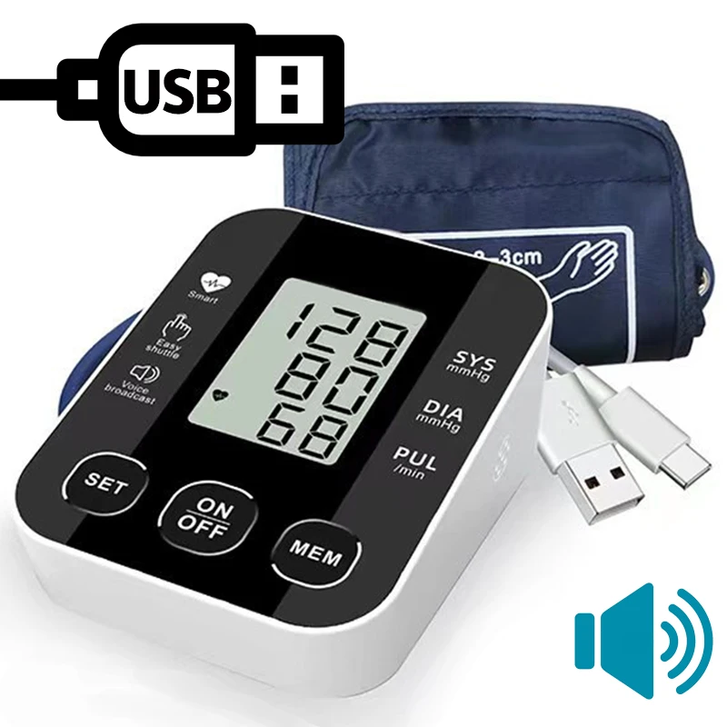 English Voice Arm Tonometer Medical Blood Pressure Monitor Heart Rate Sphygmomanometer Digital Upper Tensiometers Meter Cuff