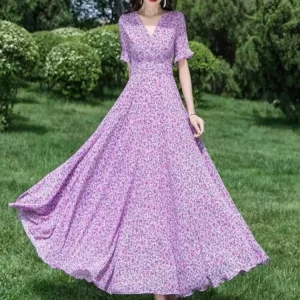 Bohemian-style Vacation Chiffon Dress 2025 Summer Fashion Print Casual Vacation Beach A-line Large Swing Elegant Long Dress - Image 2