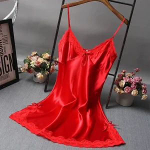 Summer Women's Sexy Satin Soft Nightdress Lace Lingerie Sleepwear Solid Color Ladies Wrap Short Dresses Nightwear - Image 3