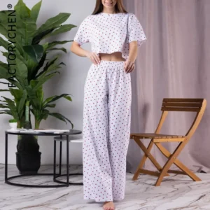 2025 Spring-Summer Heart Print Pajama Set Women Short Sleeve & Cropped Pants 2PC Breathable Loungewear Lightweight Home Outfit