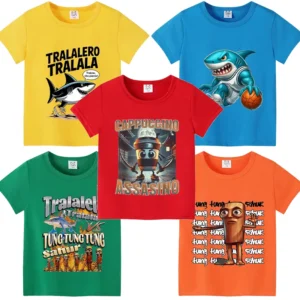 Italian Brainrot Child Clothes T-shirt Boy Girl Funny Meme Animal Tralalero Tralal Bombardiro Crocodilo Short Sleeve Kid New Top