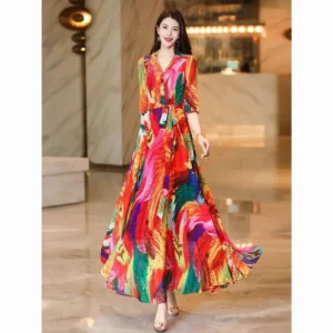Bohemian-style Vacation Chiffon Dress 2025 Summer Fashion Print Casual Vacation Beach A-line Large Swing Elegant Long Dress