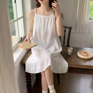 2024 Summer Sexy Lingerie Spaghetti Strap 100% Cotton Nightgowns for Women Korean Sleepwear Night Dress Nightdress Home Nighty