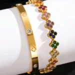 UILZ Delicate Lucky Clover Women Bracelet High Quality Stainless Steel Morandi Colors Shining Zircon Inlaid Charm Jewelry Gift