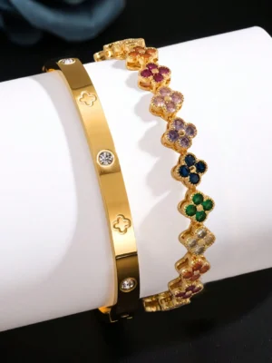 UILZ Delicate Lucky Clover Women Bracelet High Quality Stainless Steel Morandi Colors Shining Zircon Inlaid Charm Jewelry Gift