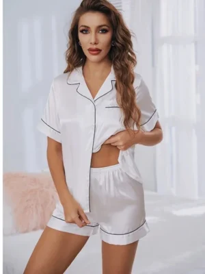 Summer Pijamas Sets Women Sleepwear Silk Satin Button-Down Short Sleeve Tops and Shorts Two-piece Loungewear - Image 4