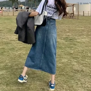 2024 New Summer High-Waisted Side Slit Denim Skirt Women's Medium-Length A- Line Petite Bodycon Half-Length Skirt - Image 2