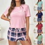 New Women's 2 Piece Pajamas Sets Letter Short Sleeve Pullover Tops and Drawstring Plaid Shorts Casual T Shirt Loungewear Pjs Set