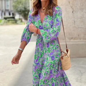 Women's Boho Elegant Long Dress Spring New Fashion Printed V-neck Long Sleeve High Waist Elastic Waist Dresses For Women Gress