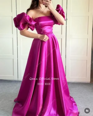 Qanz Long A Line Vestidos De Fiestas Elegantes Mujer Short Puff Sleeves Satin Evening Dresses Backless Party Gowns Customized - Image 3