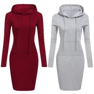 Autumn Winter Warm Sweatshirt Long-sleeved Dress Woman Clothing Hooded Collar Pocket Simple Casual lady Dress Vesdies Sweatshirt - Image 4