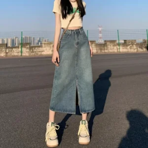 High Waist Vintage Slimming Mid-Length A- Line Denim Skirt Women's Design Sensation Small Audience Split Skirts Half-length