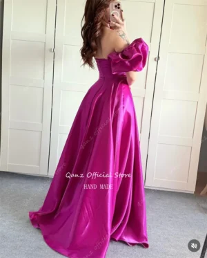 Qanz Long A Line Vestidos De Fiestas Elegantes Mujer Short Puff Sleeves Satin Evening Dresses Backless Party Gowns Customized - Image 2