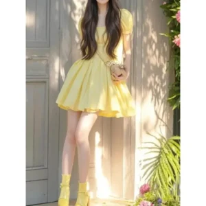French Yellow Dress Empire Waist Mini Skirt Short Skirt Summer New Style Dopaamine Waist Cinching Skirt Fly Sleeve Dress - Image 4