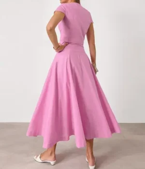 Summer Pink Cotton High Waist V-Neck Skirt Set Fashionable Slimming Solid Color Button Round Neck Short Sleeve A-Line Skirt Set - Image 6