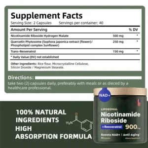 NAD+ Supplement Capsules - Liposomal Nicotinamide Riboside Capsules 900mg with Resveratrol & Quercetin - for Anti-Aging, Energy - Image 6
