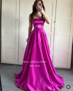 Qanz Long A Line Vestidos De Fiestas Elegantes Mujer Short Puff Sleeves Satin Evening Dresses Backless Party Gowns Customized - Image 5