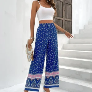 Summer New Women's Casual Holiday Style Long Pants Wide Leg Pants Print Set Two Piece Set AE Origin No Sleeve Long Pants Set - Image 4