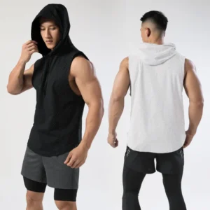 2025 summer new men's lace up hooded sleeveless vest men's summer loose solid color casual hip-hop sleeveless T-shirt top - Image 6