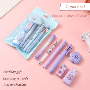 7Pcs Set Kawaii Student Stationery Sweet Cartoon Cat Paw Correction Tape Glue Tape Eraser Gel Pen Cutter Back to School Gift - Image 2
