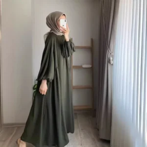 Elegant Pure Color Muslim Women's Dress Loose Overhead Spring Autumn New Style Fashionable Long Ankle-Length Polyester Fiber
