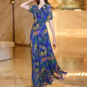 Bohemian-style Vacation Chiffon Dress 2025 Summer Fashion Print Casual Vacation Beach A-line Large Swing Elegant Long Dress - Image 4