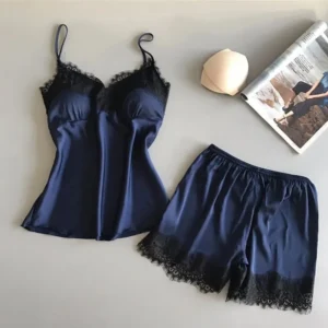 Women Pajama Suit Fashion V-Neck Lace Sexy Lingerie Pyjamas Sleep Shorts Set Sleepwear New - Image 2