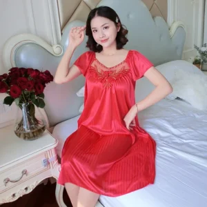 New Summer Ice Silk Loose Striped Sleep Dress plus Size Sexy Fat MM Nightgown Mid-Length Home Clothes Women's Underwear - Image 2