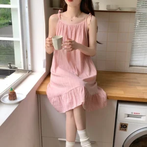 2024 Summer Sexy Lingerie Spaghetti Strap 100% Cotton Nightgowns for Women Korean Sleepwear Night Dress Nightdress Home Nighty - Image 5