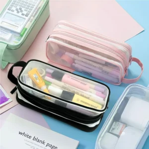 Large Grid Mesh Pencil Case 2 Compartments, Clear Pen Pencil Pouch, Multifunction Transparent Stationery Bag for Student - Image 5
