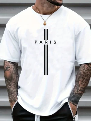 Men's 100% Pure Cotton Summer Loose Fitting Oversized Paris Print Casual Slim Fit Round Neck Short Sleeved T-shirt Top - Image 2