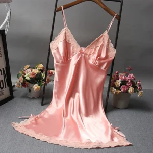 Summer Women's Sexy Satin Soft Nightdress Lace Lingerie Sleepwear Solid Color Ladies Wrap Short Dresses Nightwear - Image 6