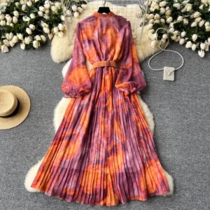 Retro Elegant Autumn Edible Tree Fungus Patchwork Long Sleeves Print Chiffon Dress A-line French Vintage Vacation Women Dresses - Image 4