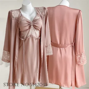 Temptation Lace Nightgown Sexy Female Nighty&robe Set Loungewear Intimate Lingerie Silk Satin Bathrobe Sleepwear Summer Homewear