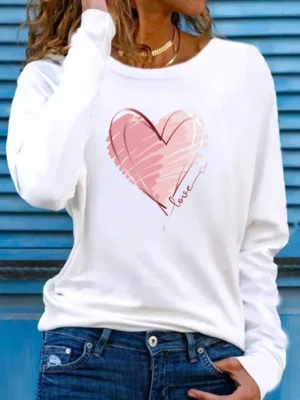 Heart Love Print Crew Neck T shirt Casual Autumn winter top women's long sleeved T-shirt loose comfortable black white - Image 2