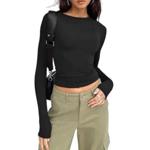 1pcs Four Seasons Fashion Senior Women T-shirt Long Sleeve Crew Neck Solid Slim Fit Tee Ladies Crop Top Daily Streetwear Camis - Image 2