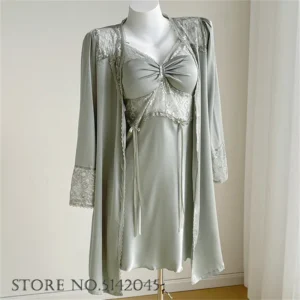 Temptation Lace Nightgown Sexy Female Nighty&robe Set Loungewear Intimate Lingerie Silk Satin Bathrobe Sleepwear Summer Homewear - Image 5