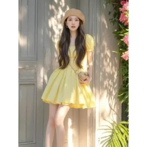 French Yellow Dress Empire Waist Mini Skirt Short Skirt Summer New Style Dopaamine Waist Cinching Skirt Fly Sleeve Dress - Image 3