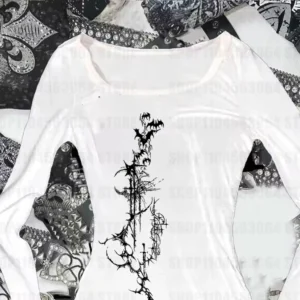 Aesthetic Letter Print Womens T-Shirt Gothic American Style Y2K Retro Stiletto Chic Harajuku Streetwear Emo Girl Long Sleeve Top - Image 4